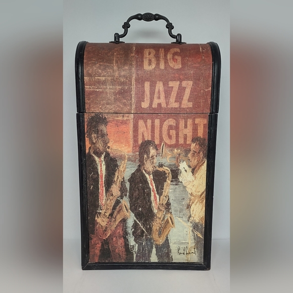 BIG JAZZ NIGHT DECORATIVE WOOD double WINE BOTTLE HOLDER BOX CARRIER STORAGE - Picture 1 of 14